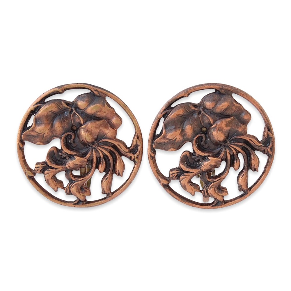 Vintage Floral Leaf Clip On Earrings Copper Tone Repoussé Art Nouveau Revival
